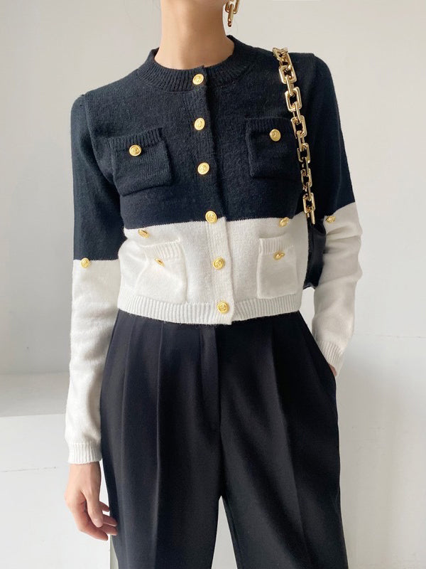 Buttoned Contrast Color Long Sleeves Round-Neck Cardigan Tops
