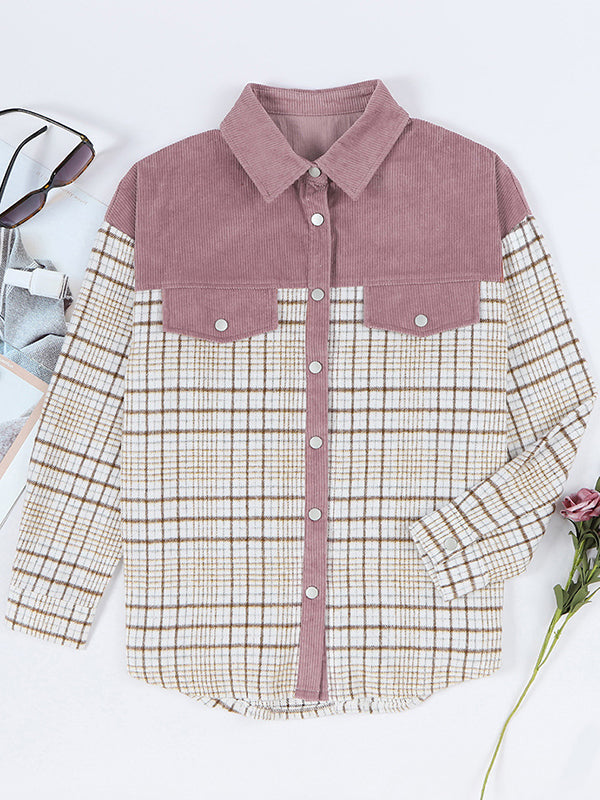 Buttoned Contrast Color Plaid Pockets Split-Joint Long Sleeves Loose Lapel Outerwear Jackets
