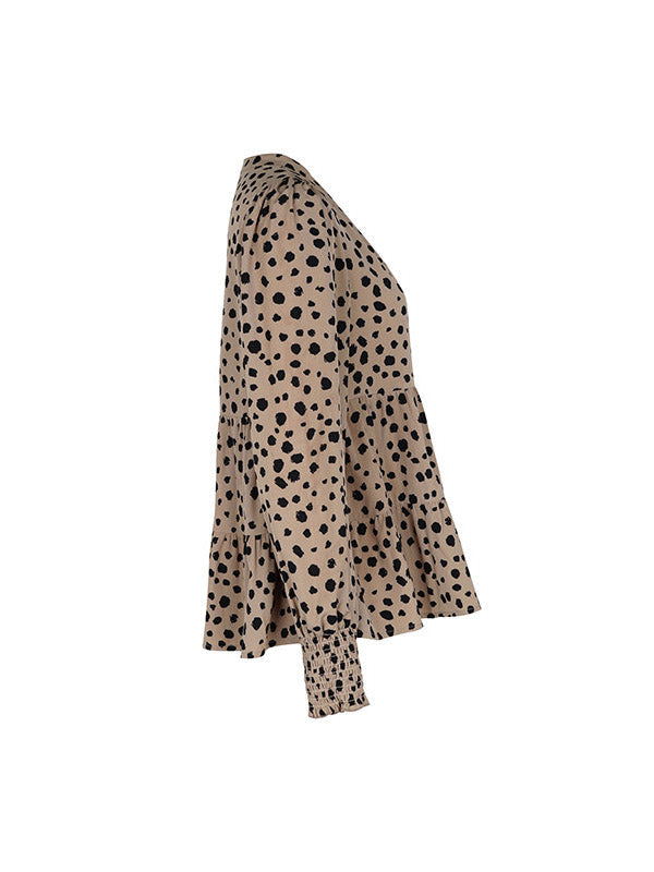 Elasticity Polka-Dot Split-Joint Long Sleeves Loose V-Neck Blouses&Shirts Tops