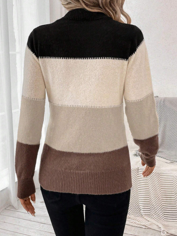 Contrast Color Long Sleeves Round-Neck Sweater Tops Pullovers