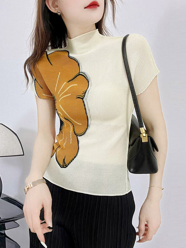 Flower Print Pleated Short Sleeves Mock Neck T-Shirts Tops