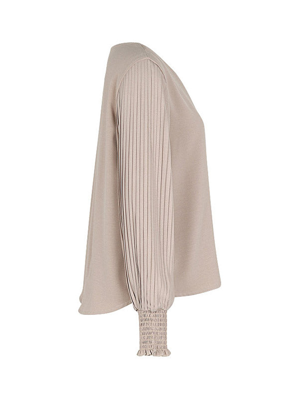 Elasticity Pleated Solid Color Long Sleeves Loose V-Neck T-Shirts Tops