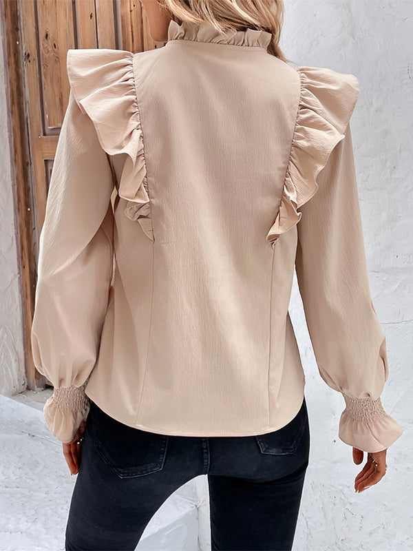Drawstring Falbala Solid Color Long Sleeves Puff Sleeves Blouses