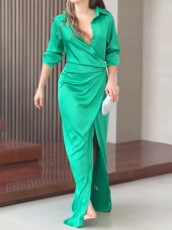 Long Sleeves Solid Color Split-Side Lapel Collar Maxi Dresses Shirt Dress