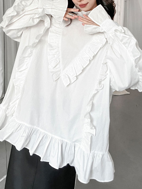 Buttoned Ruffled Solid Color Long Sleeves Loose Stand Collar Blouses&Shirts Tops