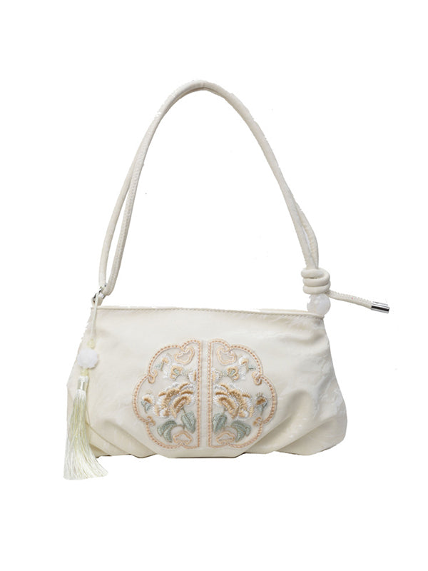 Embroidered Pleated Tasseled Zipper Crossbody Bags