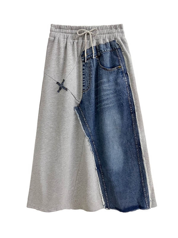 Asymmetric Drawstring Elasticity Pockets Split-Joint A-Line Loose Skirts Bottoms