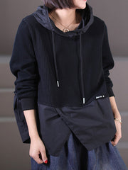 Drawstring Split-front Split-Joint Hooded Long Sleeves Hoodies Tops