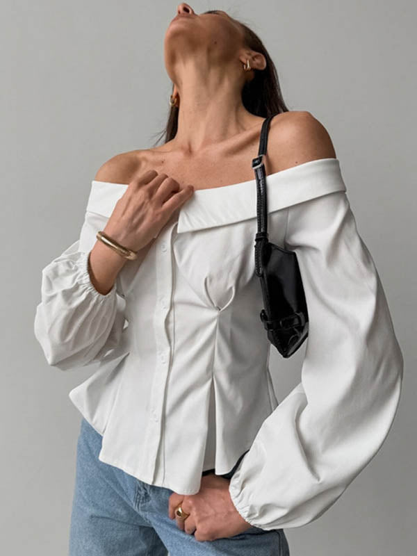 Buttoned Elasticity Pockets Solid Color Long Sleeves Loose Off-The-Shoulder Blouses&Shirts Tops