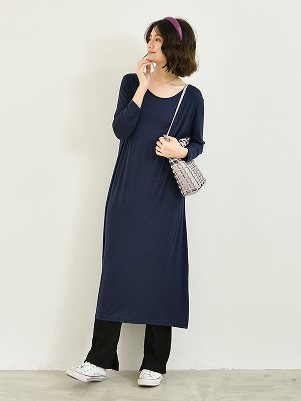 Simple Long Sleeves Loose Solid Color Round-Neck Midi Dresses