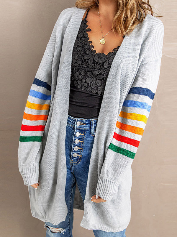 Colorful Contrast Color Striped Long Sleeves Loose Collarless Cardigan Tops