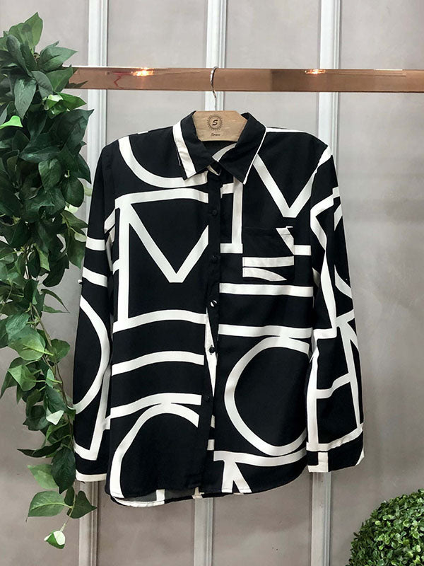 Contrast Color Printed Long Sleeves Loose Lapel Blouses