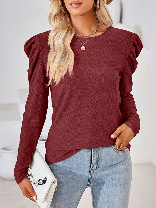 Pleated Solid Color Long Sleeves Loose Round-Neck T-Shirts Tops