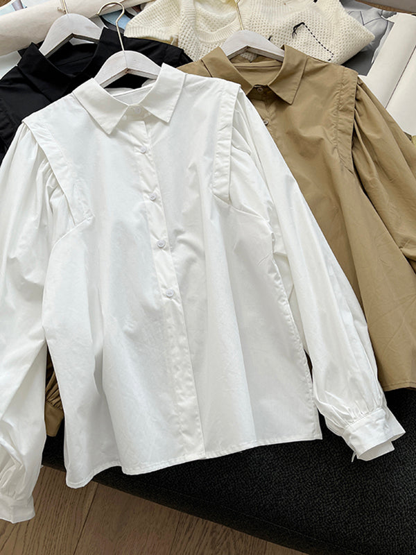 Solid Color Loose Puff Sleeves Lapel Blouses
