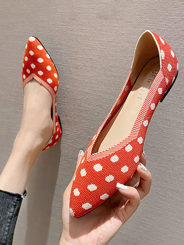 Contrast Color Pointed-Toe Polka-Dot V-Cut Low Heels Flat Shoes