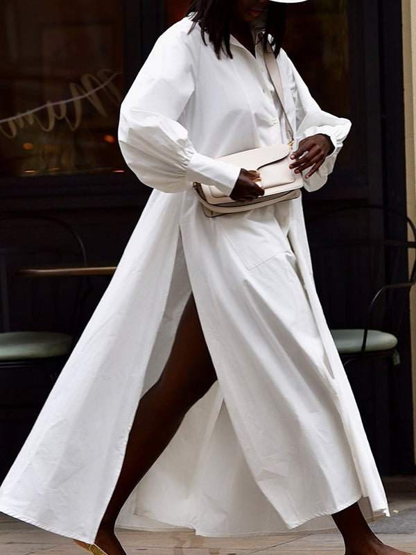Buttoned Pockets Solid Color Long Sleeves Loose Lapel Shirt Dress Maxi Dresses