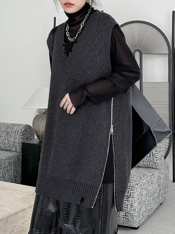 Asymmetric Split-Side Zipper Loose Sleeveless V-Neck Vest Outerwear