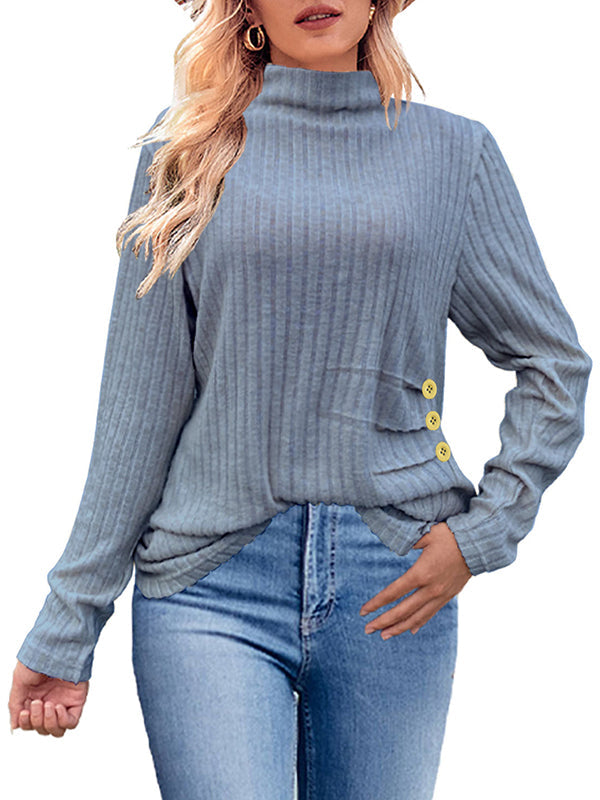 Buttoned Pleated Solid Color Long Sleeves Loose High Neck T-Shirts Tops
