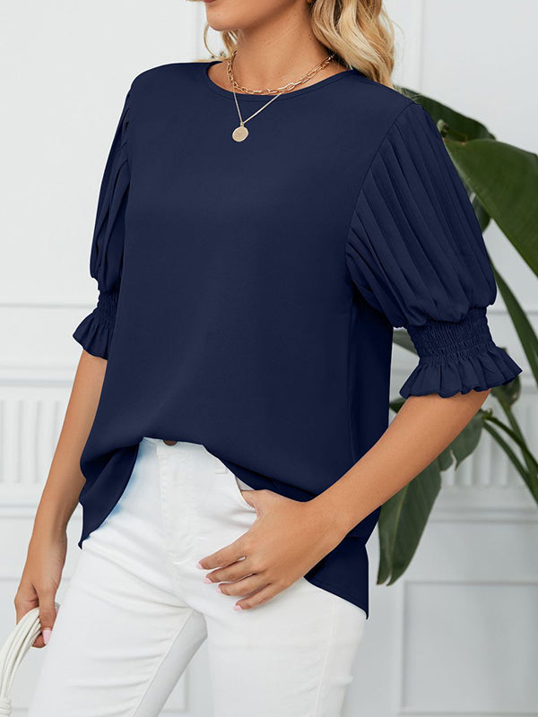 Pleated Solid Color Loose Puff Sleeves Round-Neck T-Shirts Tops