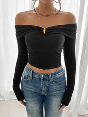 Pleated Solid Color Long Sleeves Skinny Off-The-Shoulder T-Shirts Tops