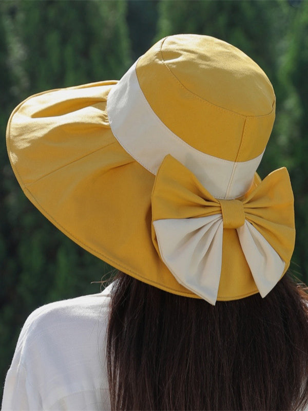 Bowknot Contrast Color Pleated Split-Joint Sun Hat Fisherman Hat