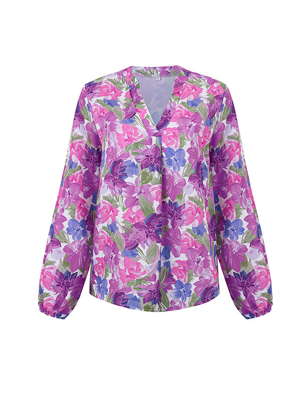 Elasticity Flower Print Long Sleeves Loose V-Neck Blouses&Shirts Tops