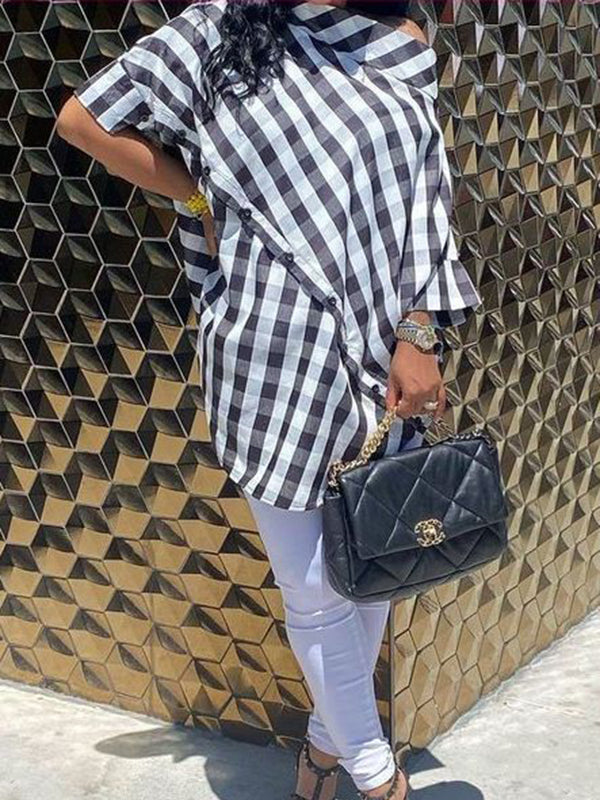 Asymmetric Buttoned Plaid Half Sleeves Loose One-Shoulder Blouses&Shirts Tops