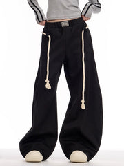 Drawstring Elasticity Pockets Solid Color High Waisted Loose Trousers Pants