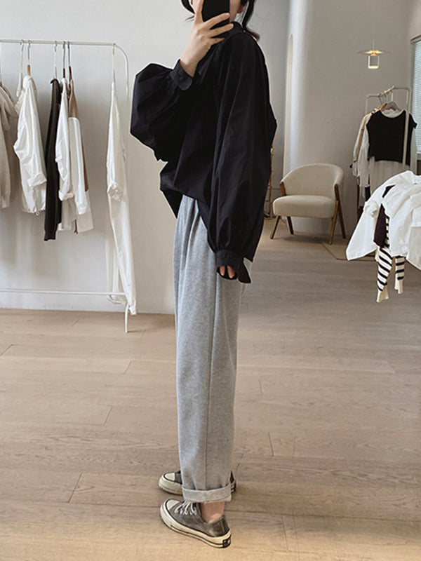 Solid Color Loose Puff Sleeves Lapel Blouses