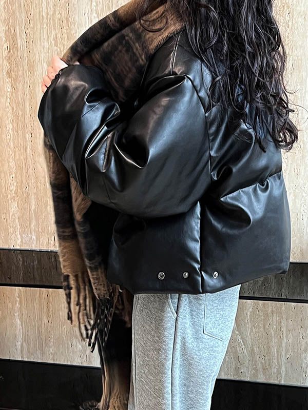 Split-Joint Zipper Loose Puff Sleeves Stand Collar Down Coat