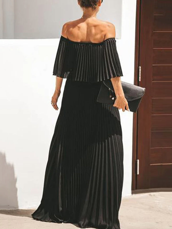 Loose Pleated Solid Color Off-The-Shoulder Maxi Dresses