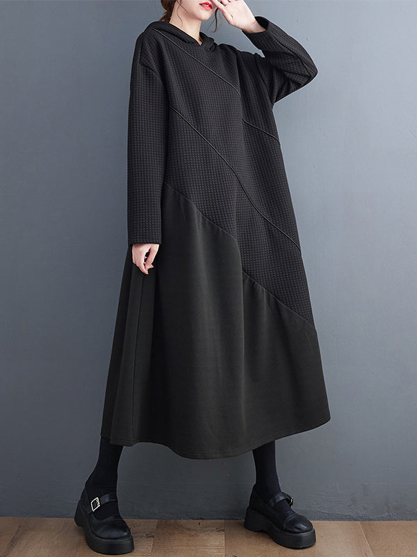 Casual Loose Long Sleeves Solid Color Hooded Midi Dresses