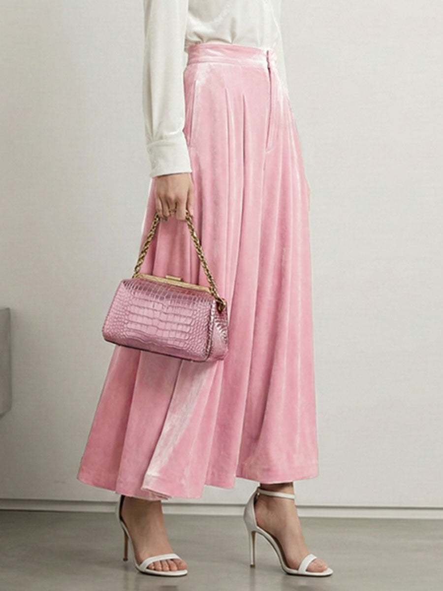 Elasticity Pleated Pockets Solid Color High Waisted Skirts Bottoms