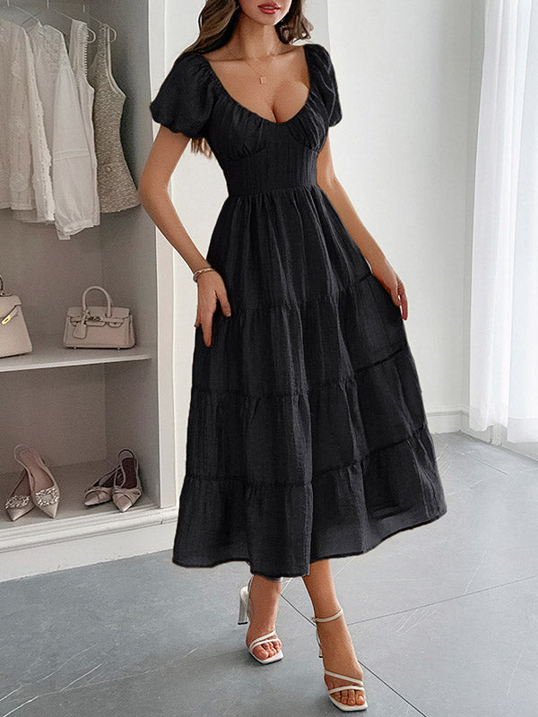 Backless Pleated Solid Color Tied A-Line Loose V-Neck Midi Dresses