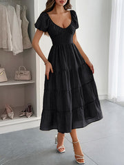 Backless Pleated Solid Color Tied A-Line Loose V-Neck Midi Dresses