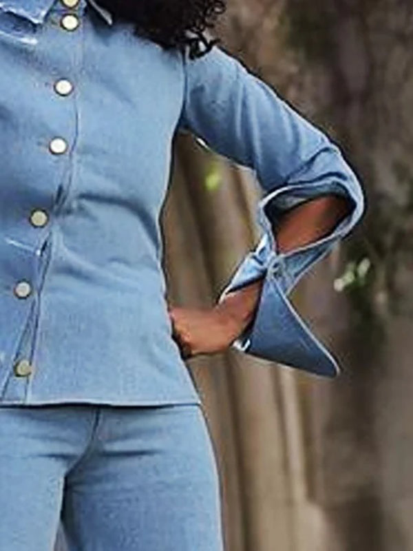 Hollow Lapel Denim Long Sleeves Asymmetric Buttoned Shirts Top + Pants Bottom Two Pieces Set