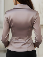 Buttoned Pleated Solid Color Three-quarter Sleeves Lapel Blouses&shirts Tops