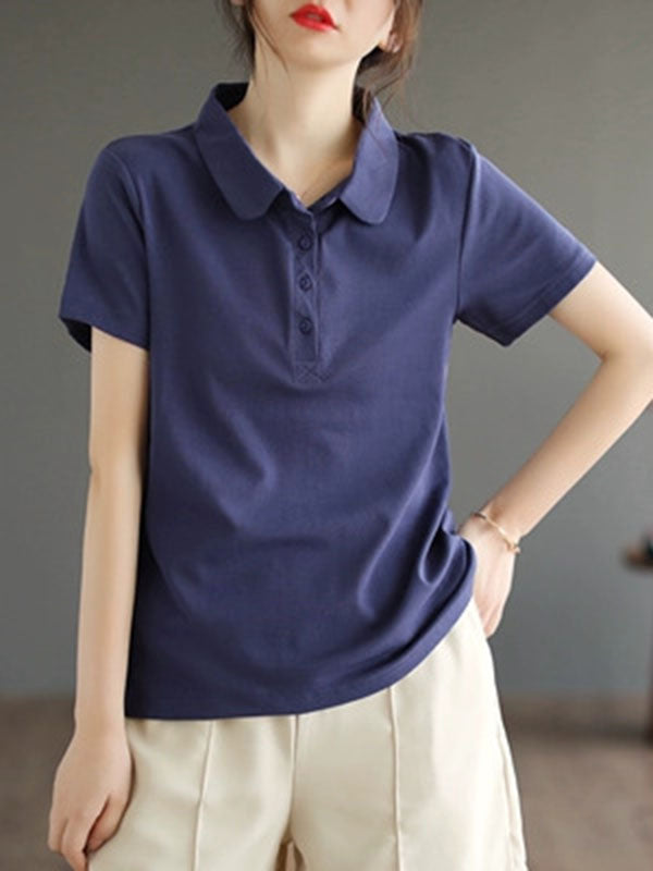 Buttoned Solid Color Short Sleeves Polo T-Shirts Tops