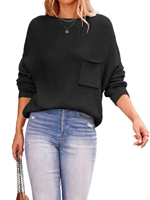 Pockets Solid Color Long Sleeves Loose Round-Neck Sweater Tops Pullovers