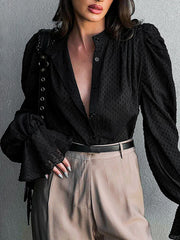Jacquard Pleated Solid Color Split-Joint Flared Sleeves Loose Stand Collar Blouses
