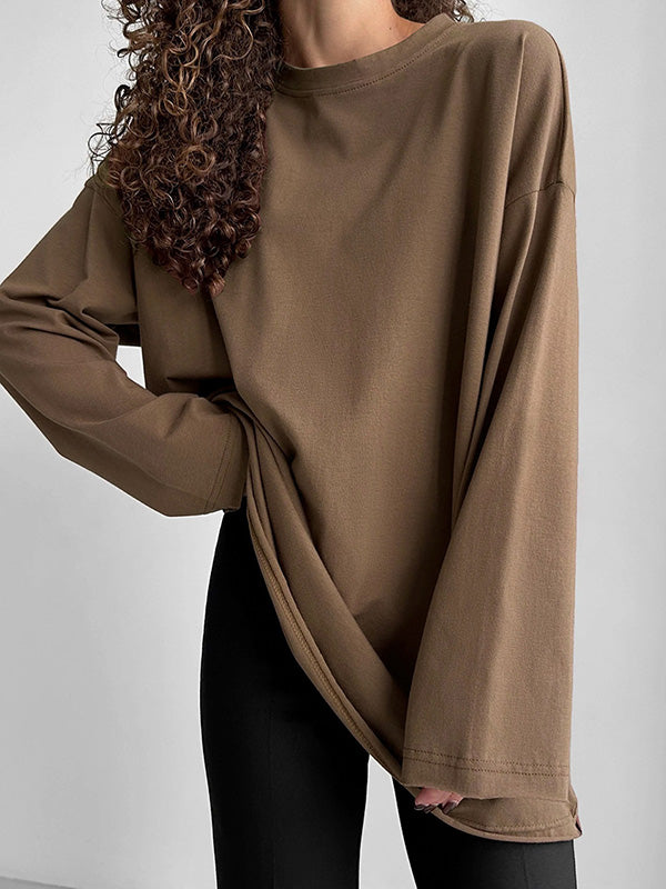 Solid Color Long Sleeves Loose Round-Neck T-Shirts Tops