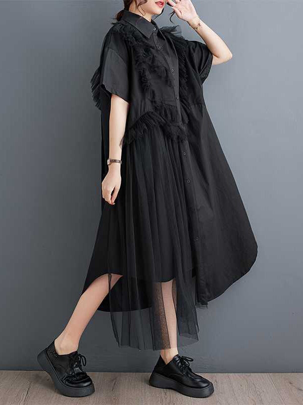 Asymmetric Buttoned Ruffled Solid Color Split-Joint A-Line Half Sleeves Lapel Shirt Dress Midi Dresses