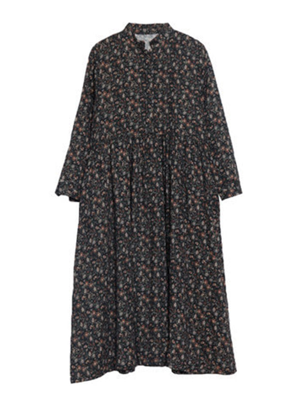 Vintage Floral Stand Collar Midi Dress