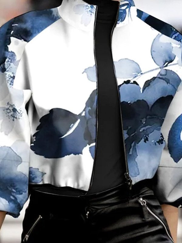 Printed Zipper Long Sleeves Loose Stand Collar Outerwear