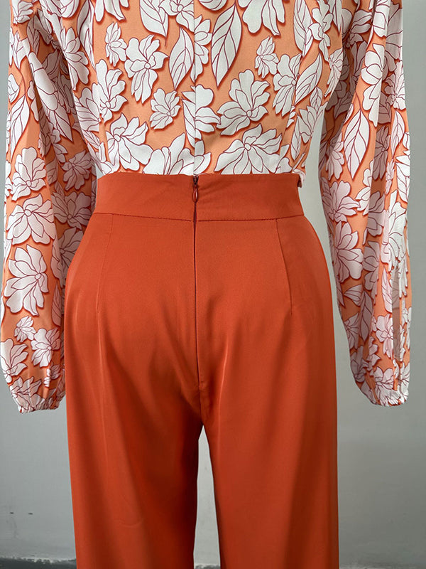 Long Sleeves Mock Neck Flower Print Hollow Shirts Top + High Waisted Pants Bottom Two Pieces Set