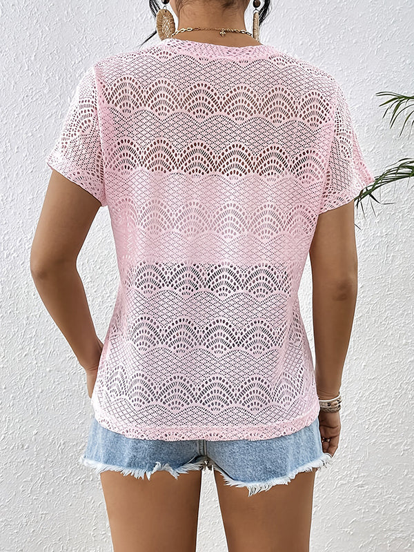 Hollow See-Through Solid Color Split-Joint Loose Short Sleeves V-Neck T-Shirts Tops