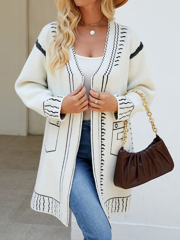 Jacquard Split-Joint Long Sleeves Loose V-Neck Cardigan Tops
