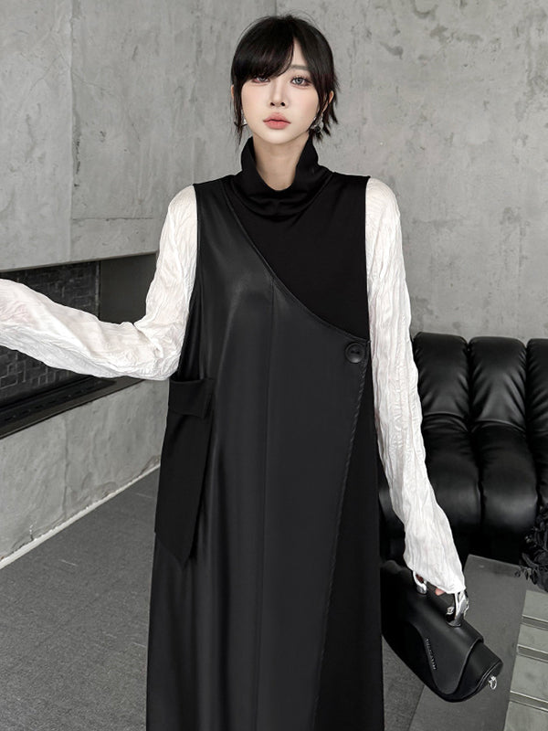 Asymmetric Buttoned Solid Color Split-Joint Irregularity Loose High Neck Midi Dresses