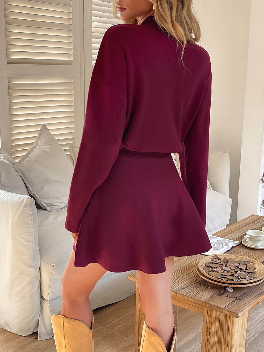 Elasticity Solid Color A-line High Waisted Round-neck Sweater Dresses Mini Dresses