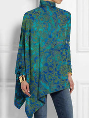 Asymmetric Printed High-low Long Sleeves High Neck T-Shirts Tops